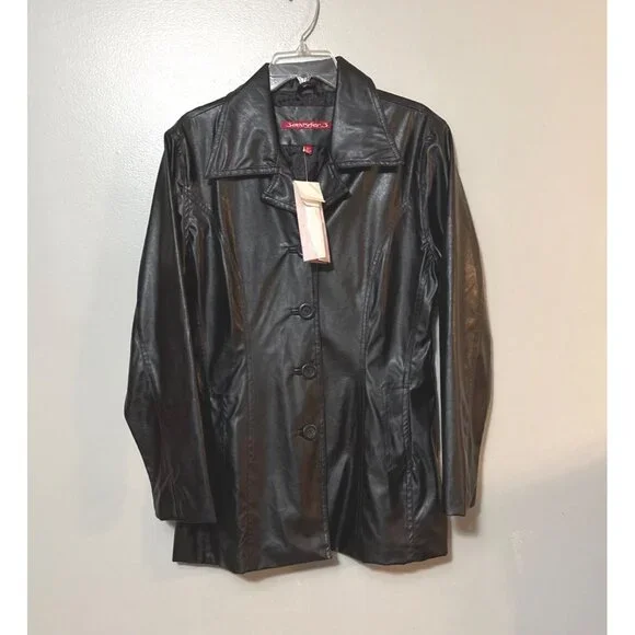 NWT Vtg Jennifer J Womens Black Faux Leather Button-Up Jacket 2X - Picture 1 of 8
